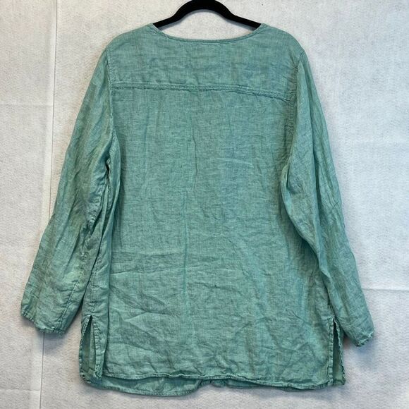 TAHARI Women’s Linen Button Front Tunic Top 2X Teal Green Long Sleeve Blouse - Picture 10 of 13